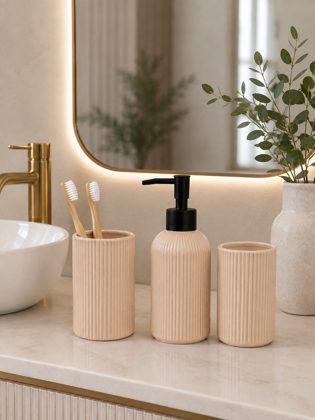4-Piece Ribbed Ceramic Bathroom Accessories Set | Soap Dispenser, Toothbrush Holder, Tumbler & Soap Dish