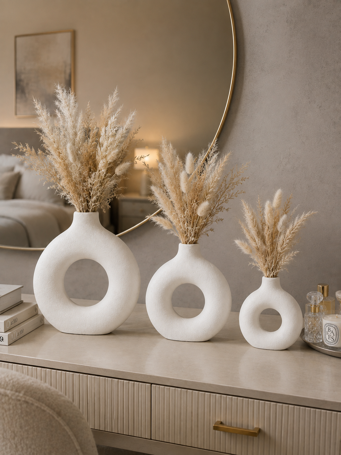 Luxury 3-Piece Donut Ceramic Vase Set | Modern Hollow Decorative Flower Vases | Minimalist Home Décor