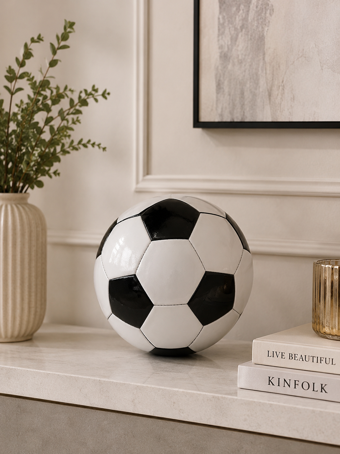 Rotating & Movable Soccer Ball– Classic Black & White Football Decorative Tabletop Sculpture