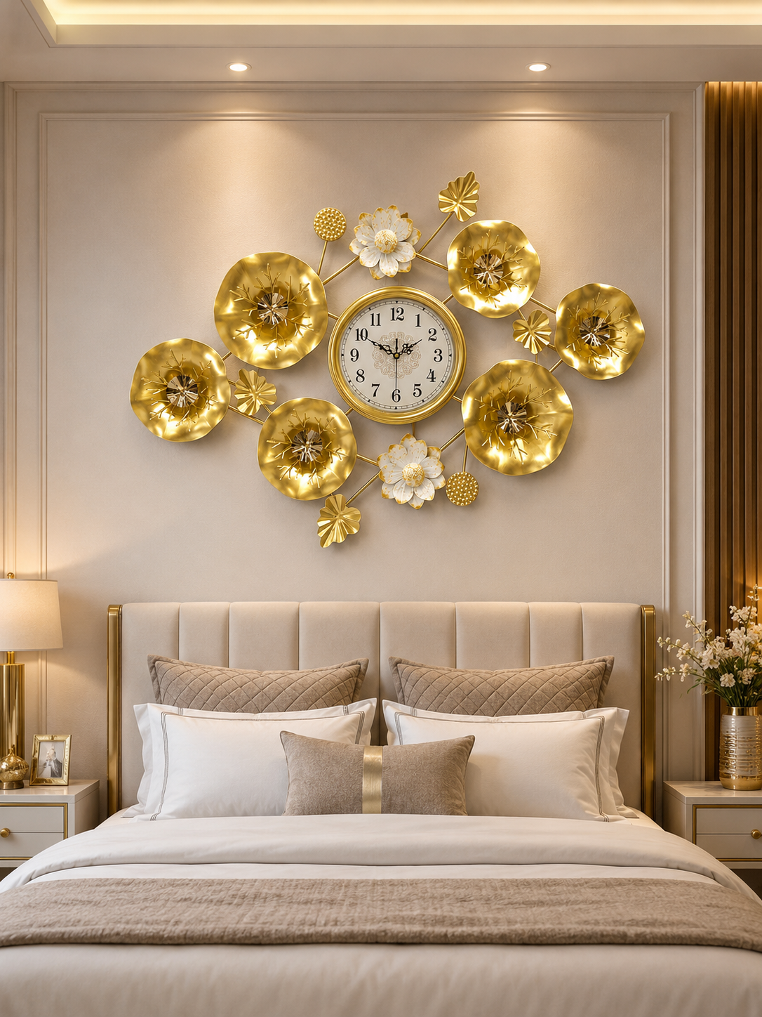 Luxury Golden Floral Wall Clock – Elegant Metallic Flower & Leaf Design