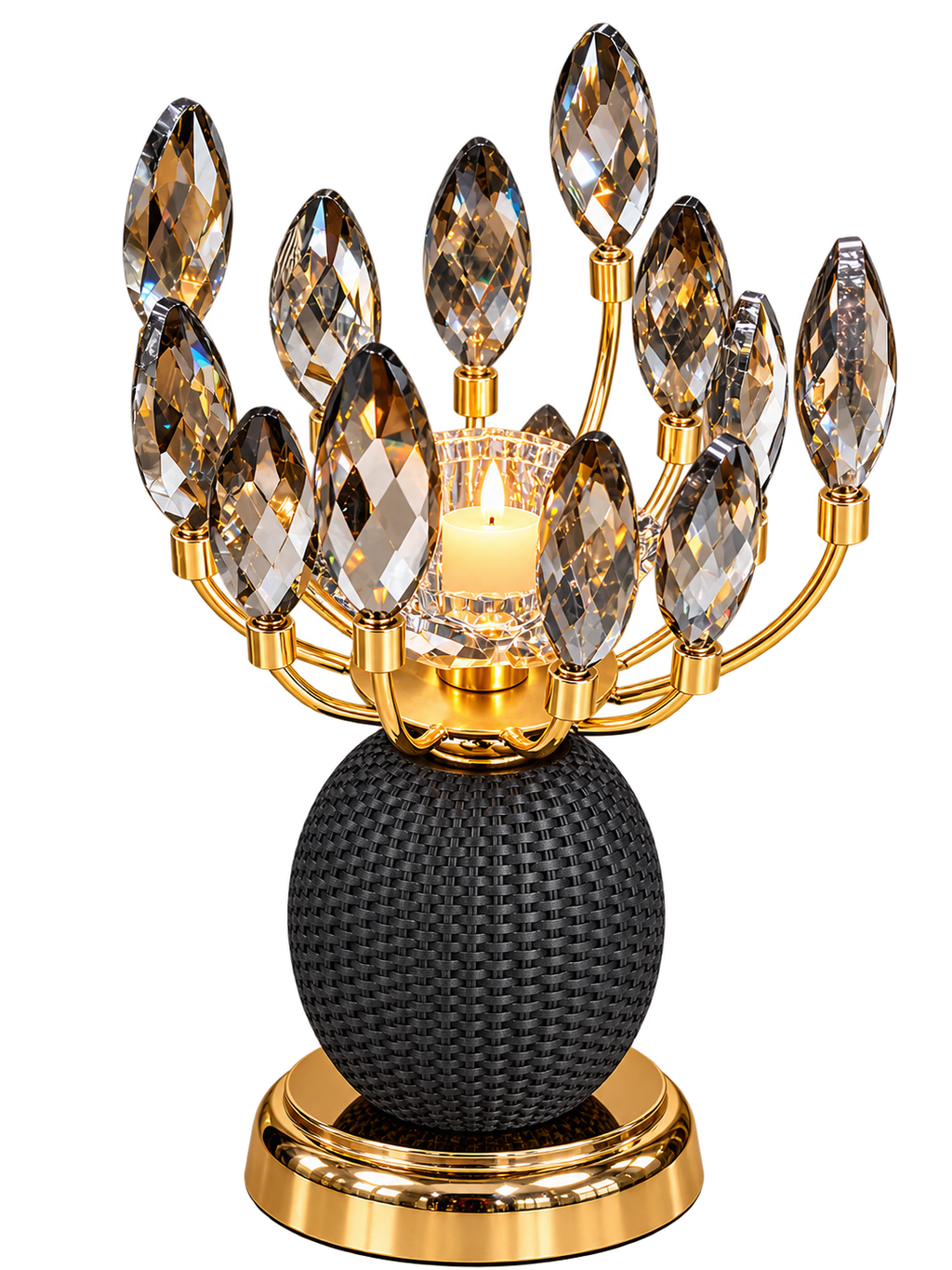Luxury Gold Crystal Candle Holder with Black Textured Decorative Base