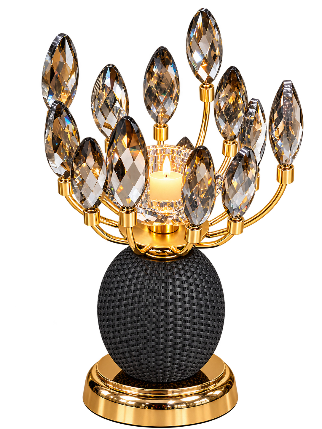 Luxury Gold Crystal Candle Holder with Black Textured Decorative Base