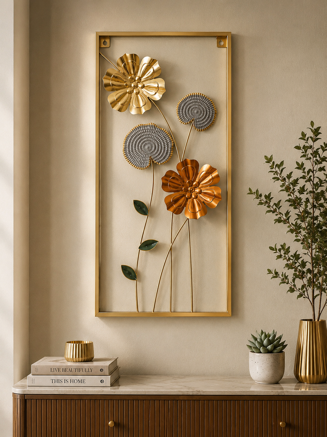 Luxury Gold Floral Metal Wall Art – Elegant 3D Botanical Framed Wall Decor