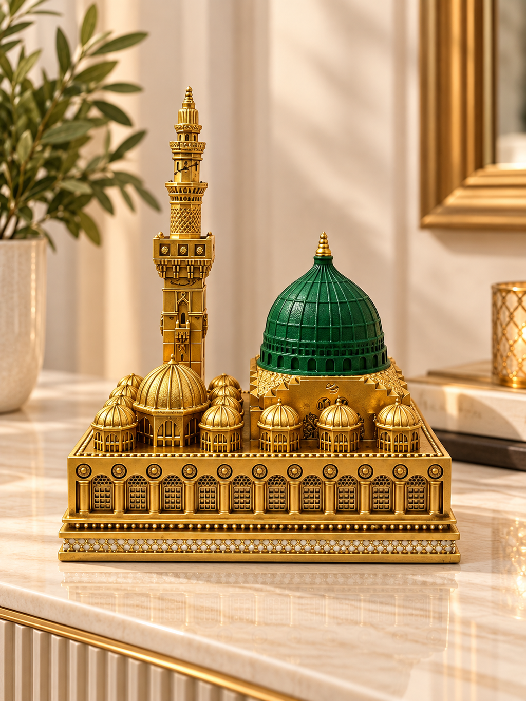 Luxury Masjid An-Nabawi Inspired Green Dome & Minaret Islamic Decorative Showpiece – Gold Finish