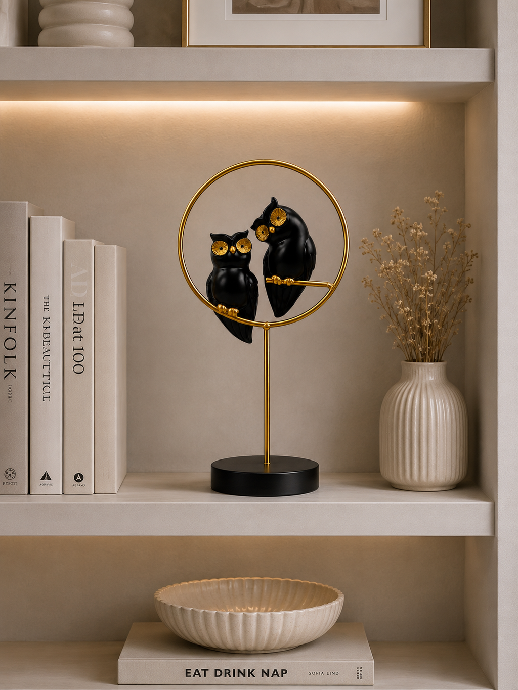 Modern Black & Gold Owl Couple Decorative Showpiece – Luxury Tabletop Home Decor Statue