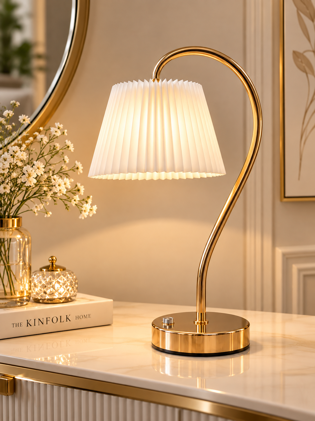 Luxury Gold Arc Table Lamp with Pleated White Shade