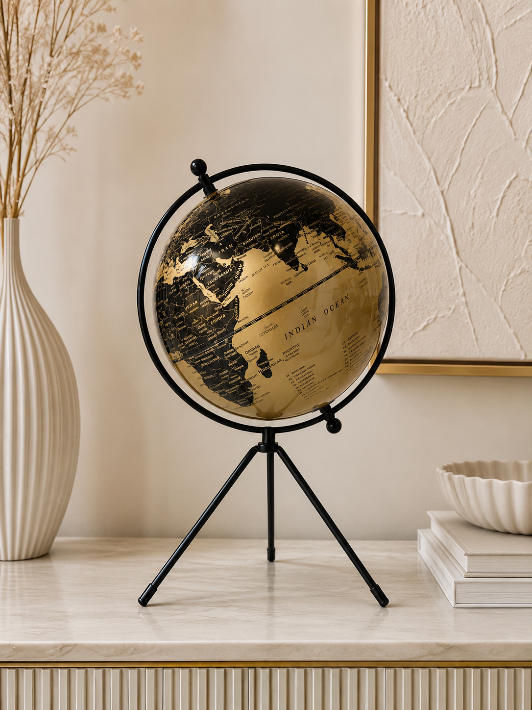 Luxury Black & Gold 360° Rotating World Globe on Tripod Stand – Decorative Tabletop Globe