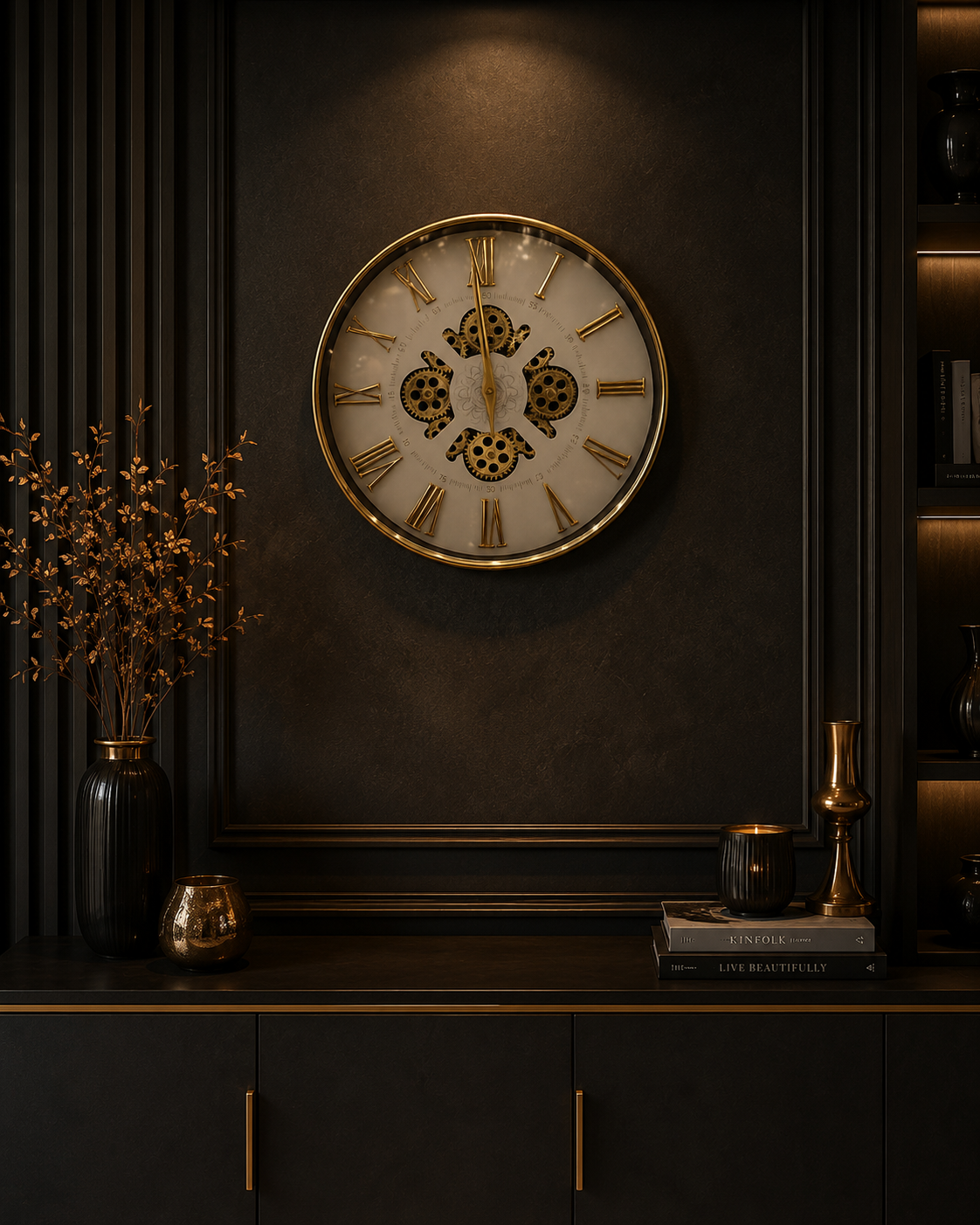 Luxury White & Gold Moving Gear Wall Clock – Modern Roman Numeral Decorative Silent Wall Clock