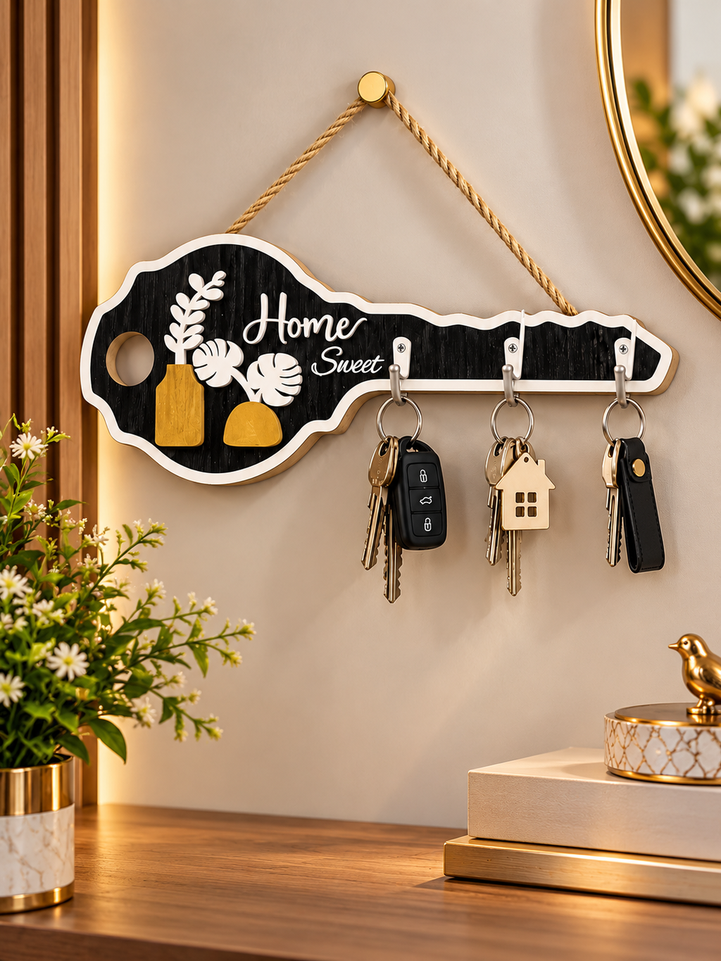 Home Sweet Wooden Key Holder – Wall-Mounted Key Organizer with 3 Hooks
