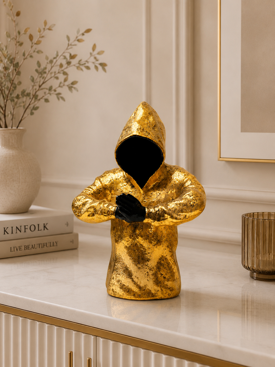 Abstract Golden Hooded Figure Sculpture | Modern Resin Thinker Statue | Luxury Artistic Showpiece for Home & Office Décor