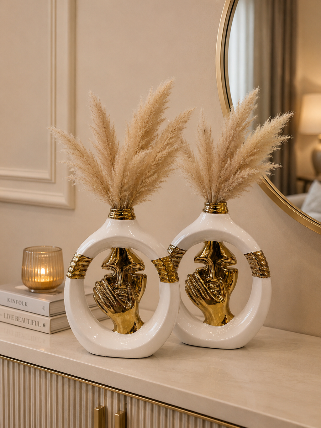 Luxury Face Design Ceramic Vase Set of 2 | Modern White & Gold Decorative Flower Vases | Home Décor