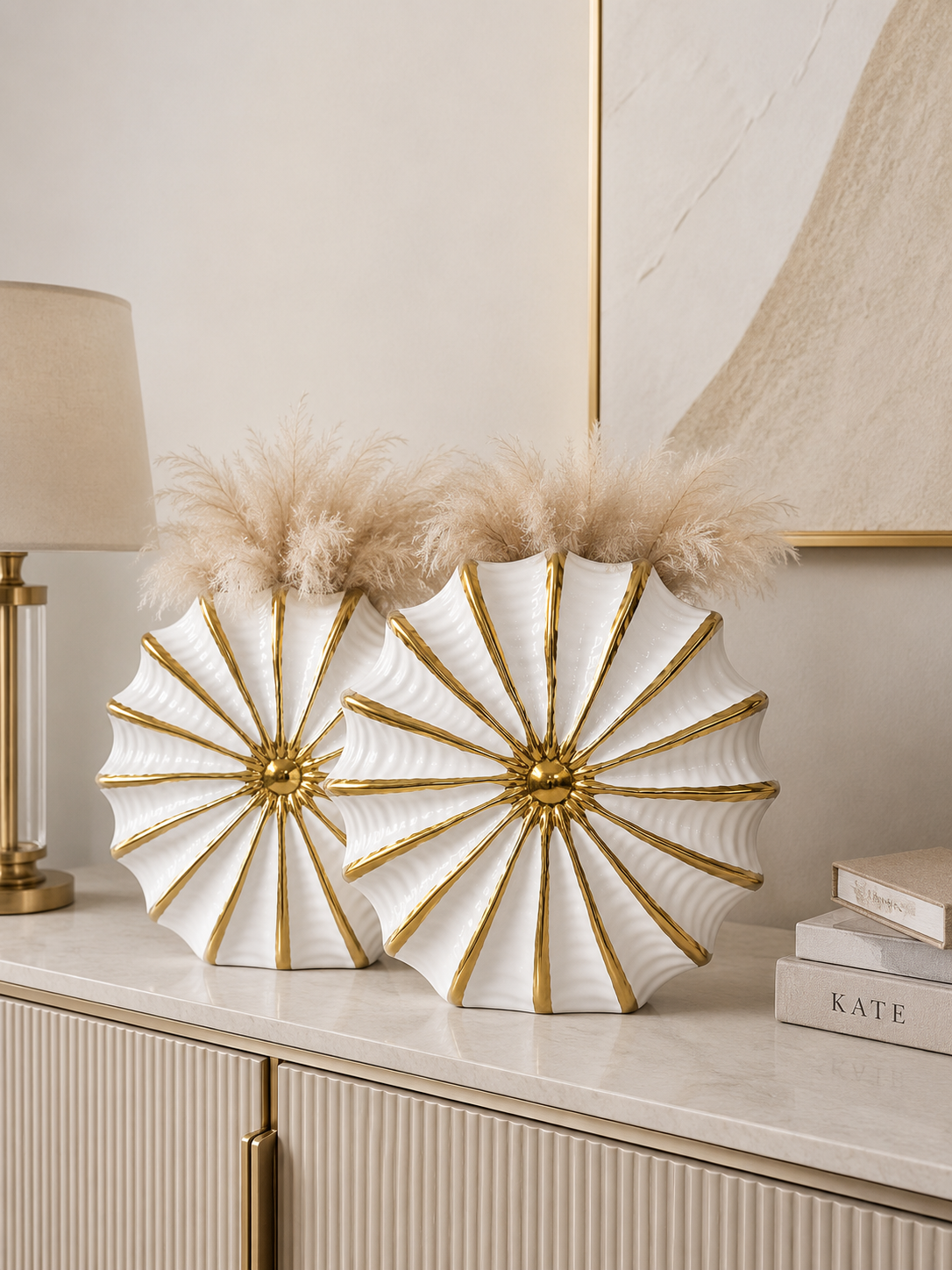 Luxury White & Gold Shell Ceramic Vase Set | Modern Decorative Flower Vases for Living Room & Console Table (Set of 2)