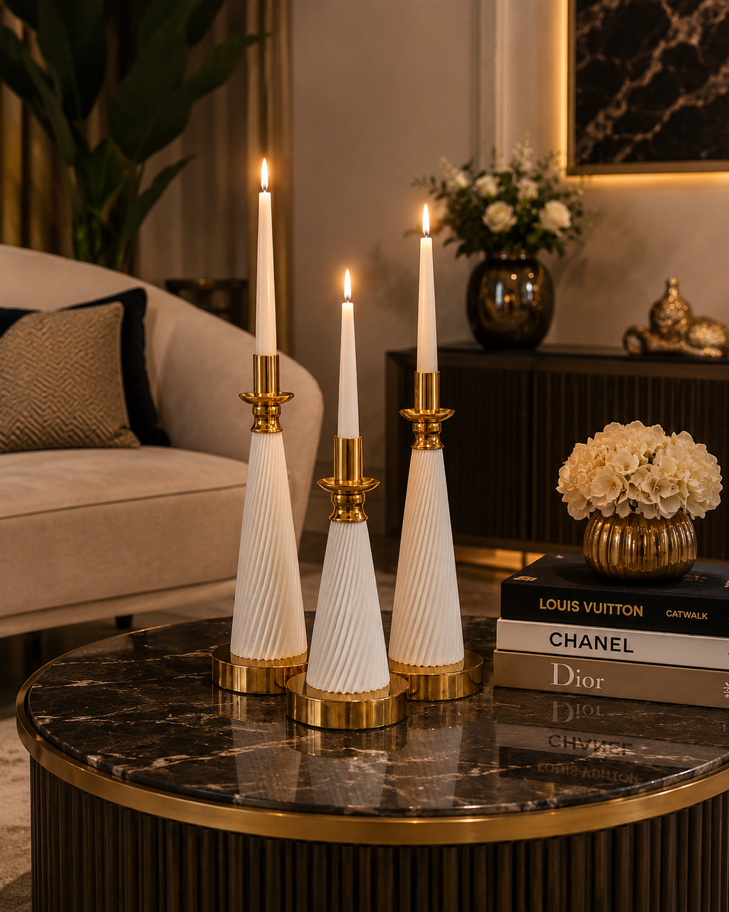 Luxury 3-Piece White & Gold Ribbed Candle Holder Set | Modern Decorative Taper Candle Stands | Resin Candlestick Set