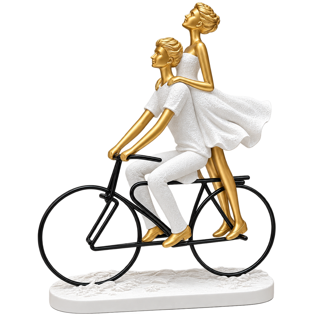 Elegant Couple Riding Bicycle Decorative Sculpture – Modern Gold & White Couple Figurine for Home Décor