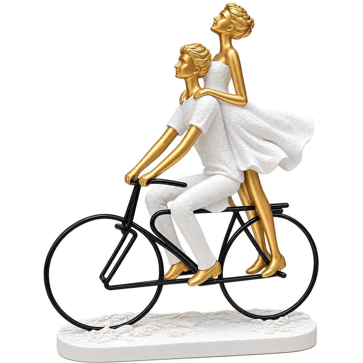 Elegant Couple Riding Bicycle Decorative Sculpture – Modern Gold & White Couple Figurine for Home Décor