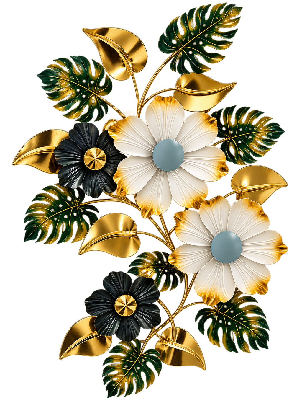 Luxury Gold, Black & Green Floral Metal Wall Art – Elegant Botanical Leaf Décor