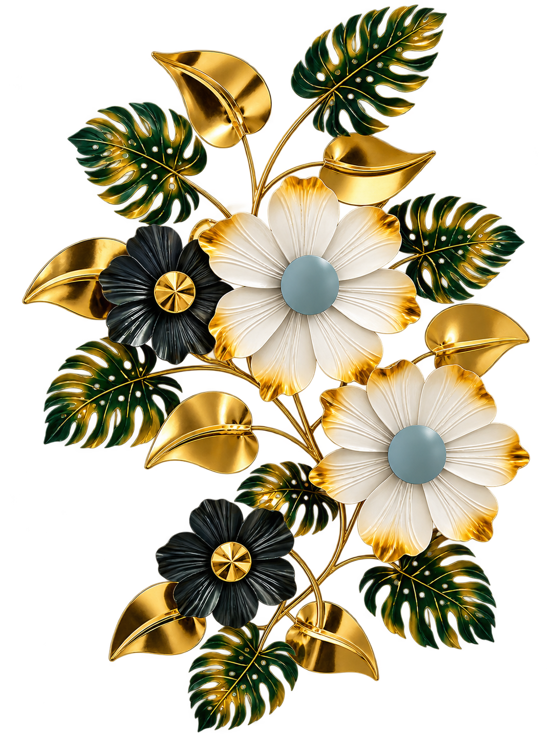Luxury Gold, Black & Green Floral Metal Wall Art – Elegant Botanical Leaf Décor
