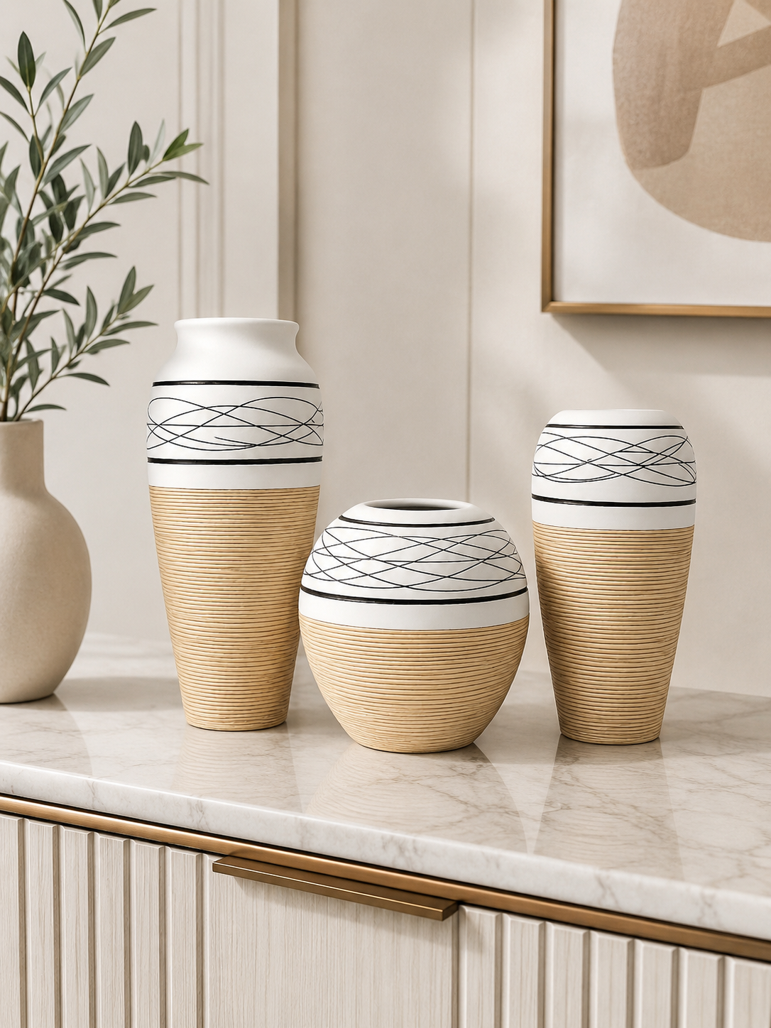 3-Piece Modern Decorative Vase Set – White & Natural Textured Home Décor Vases