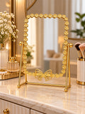 Luxury Gold Floral Tabletop Vanity Mirror with Decorative Bow Frame – Elegant Dressing Table Mirror