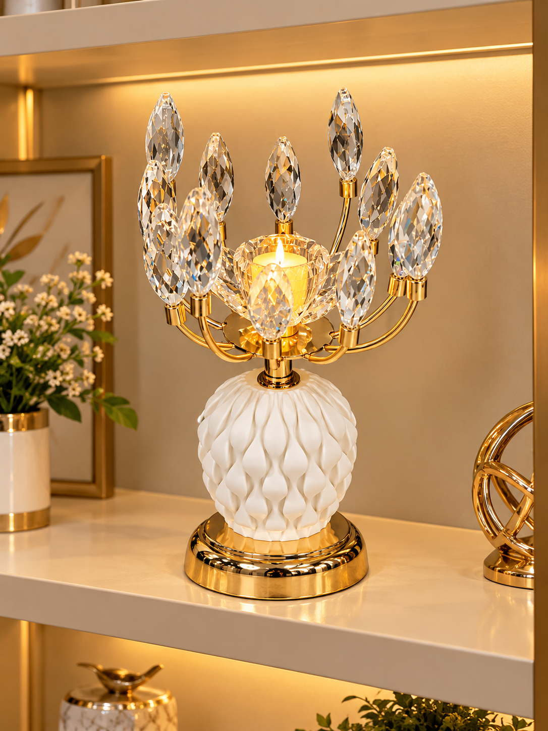 Luxury Gold Crystal Candle Holder with White Textured Metal Base