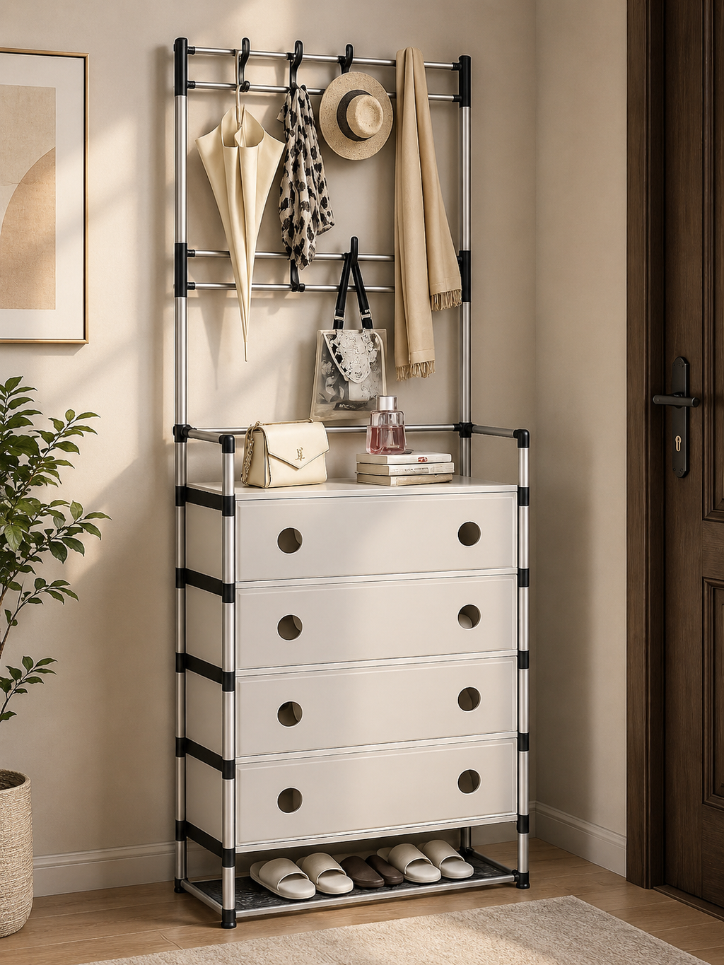 4 Drawer Entryway Organizer with Coat Rack | Hall Tree Storage Cabinet | Shoe Rack & Hanging Stand | Modern Multifunction Storage Unit