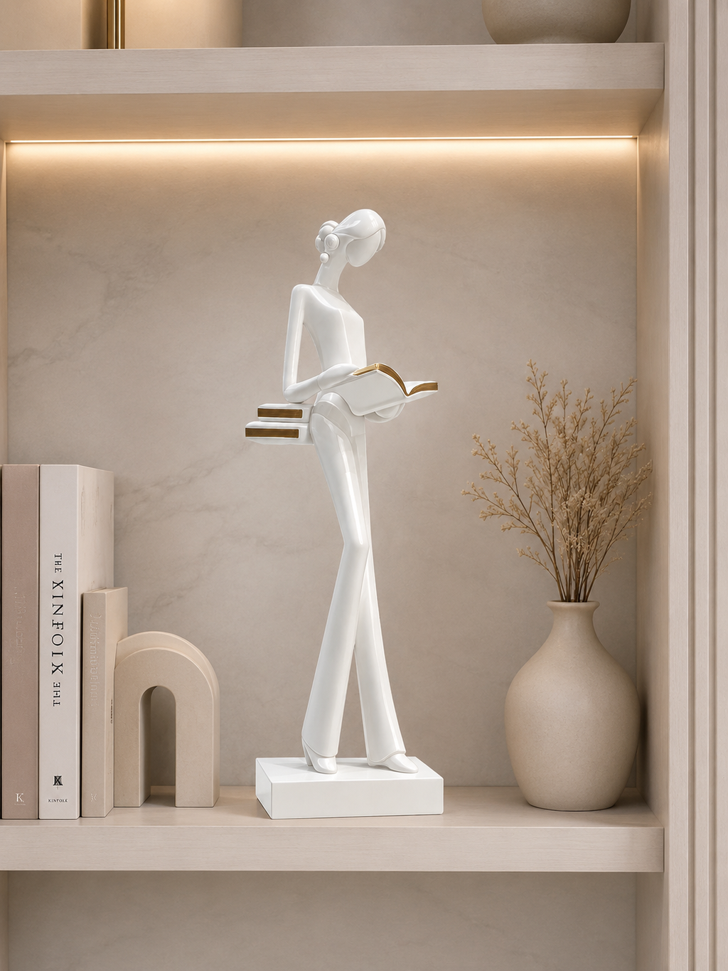 Elegant Lady Reading Book Sculpture | Modern White Resin Home Decor Figurine