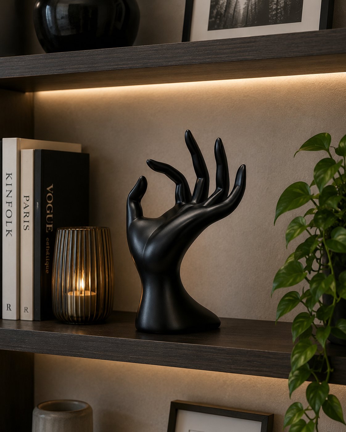 Modern Black Hand Jewelry Holder & Decorative Display Sculpture | Resin Ring Stand for Console, Shelf & Dressing Table
