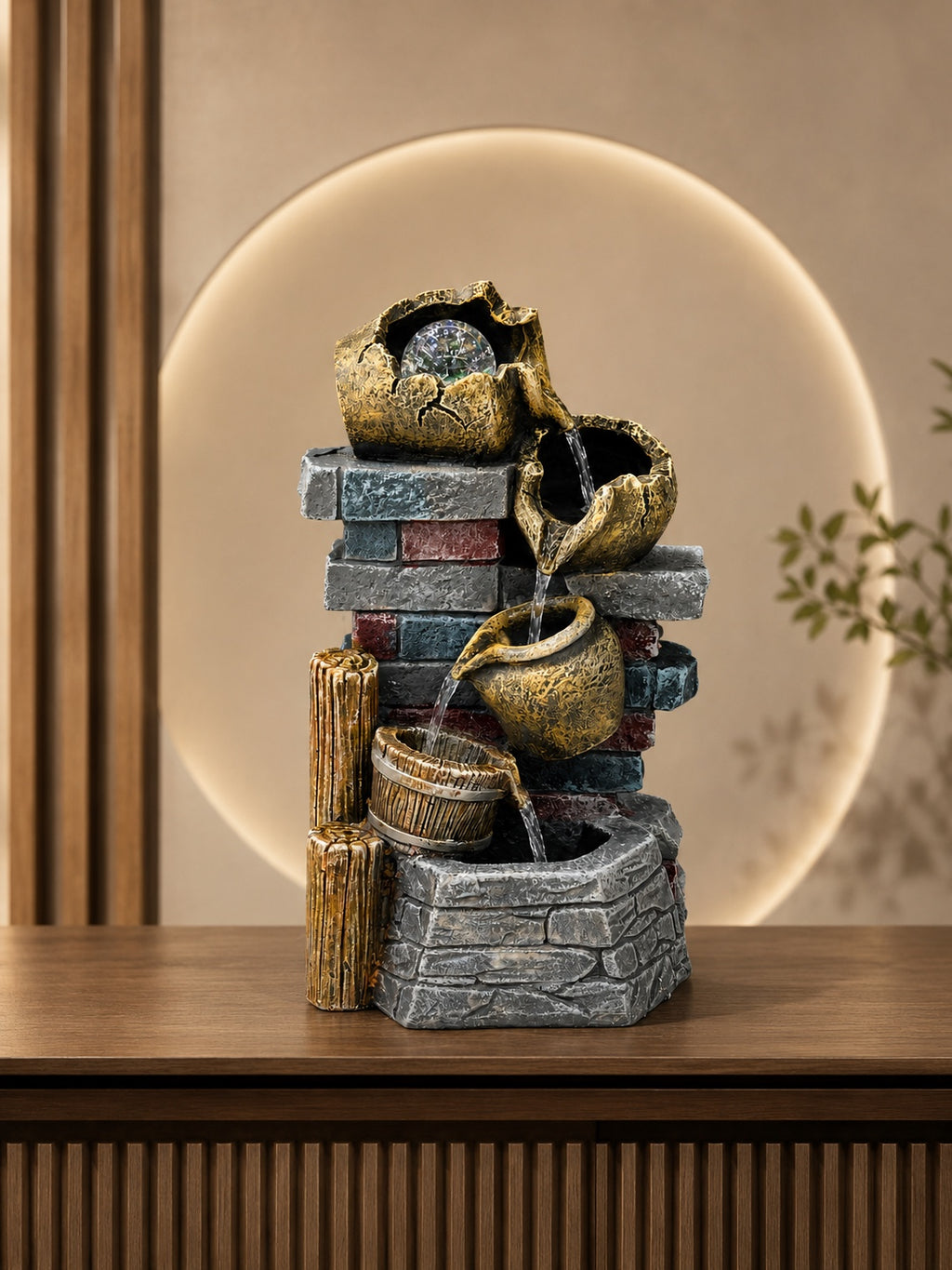 Luxury Rustic Waterfall Tabletop Fountain with Pots & Crystal Ball
