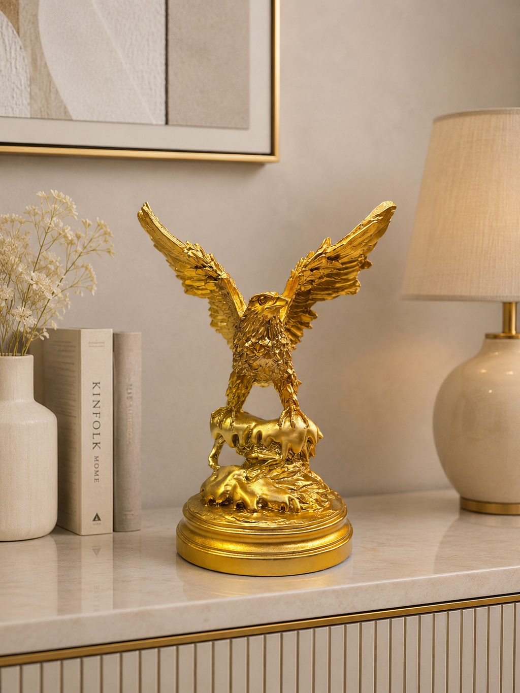 Golden Eagle Resin Sculpture | Luxury Eagle Statue with Spread Wings | Premium Home & Office Décor Showpiece
