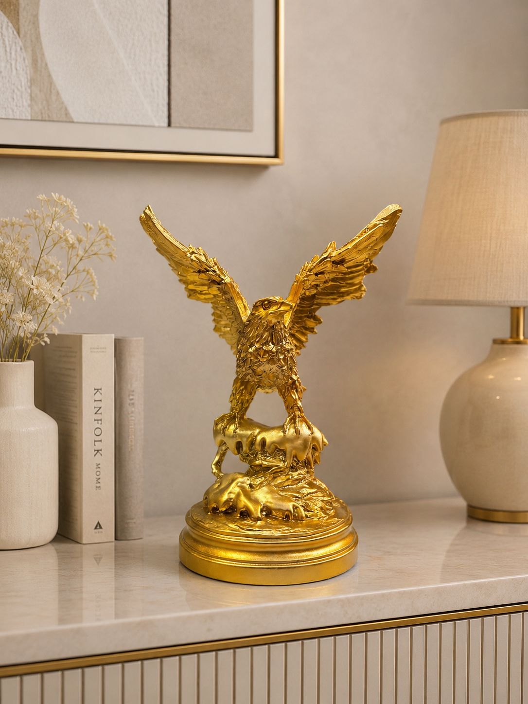 Golden Eagle Resin Sculpture | Luxury Eagle Statue with Spread Wings | Premium Home & Office Décor Showpiece