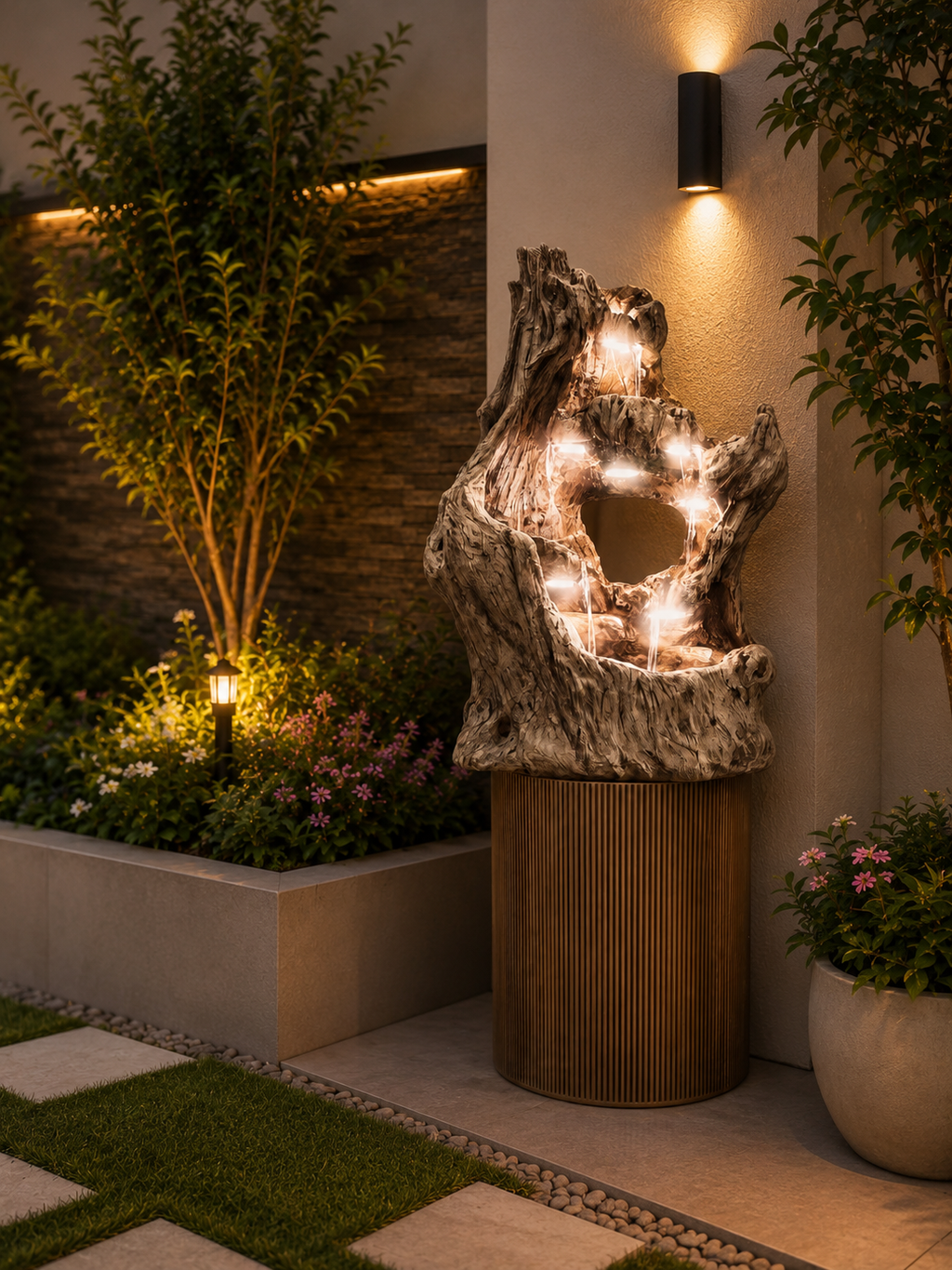 Luxury Indoor & Outdoor LED Water Fountain | Tree Trunk Style Decorative Floor Fountain with Waterfall | Resin Fountain