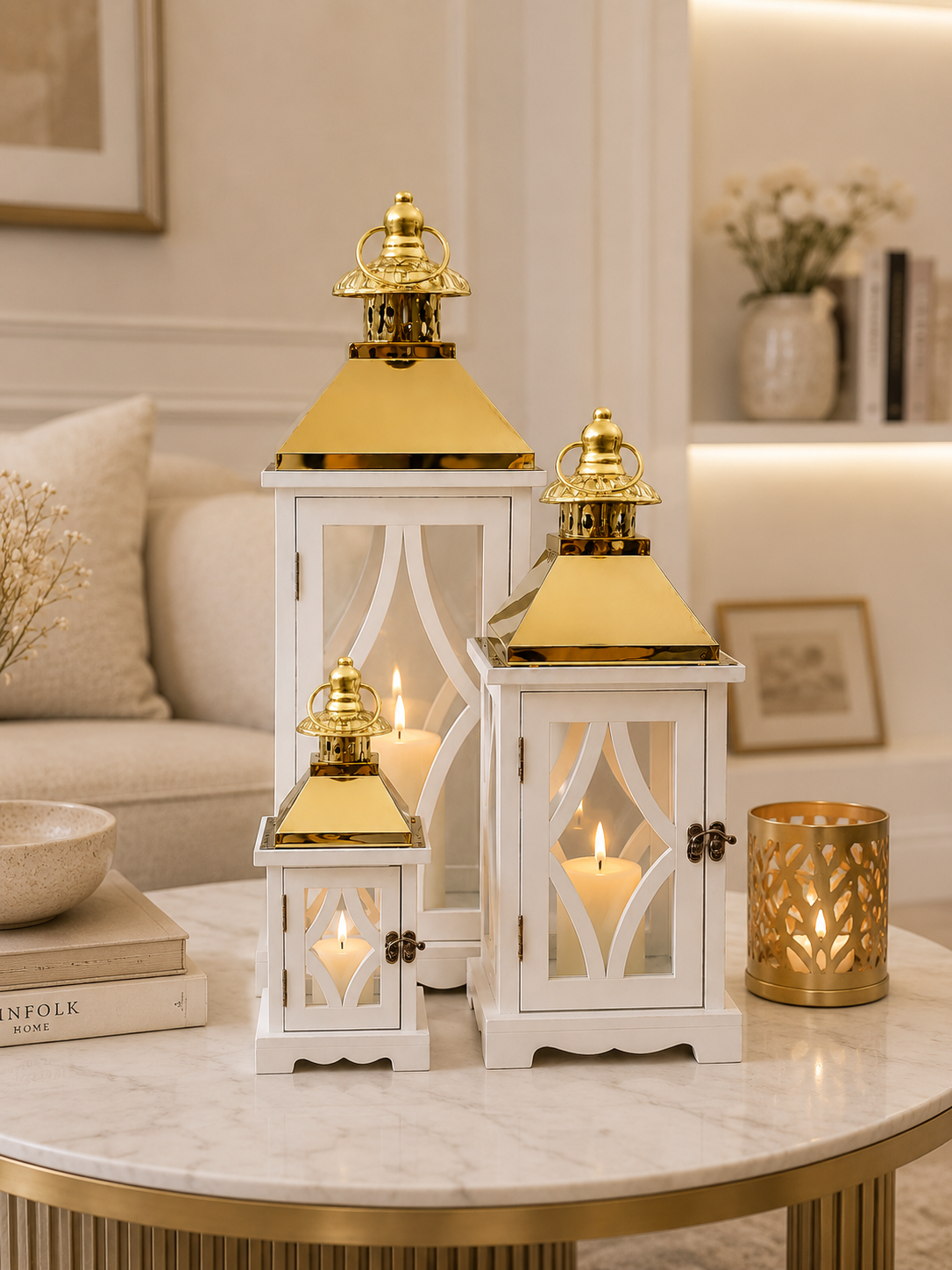 Luxury 3-Piece Decorative Lantern Set | White & Gold Candle Lanterns | Modern Home Décor