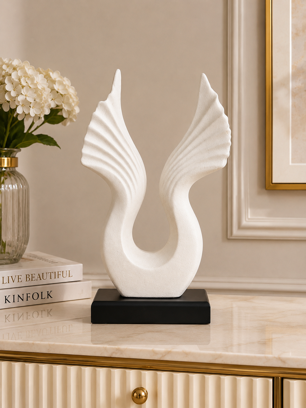 Modern White Angel Wings Decorative Sculpture with Black Base