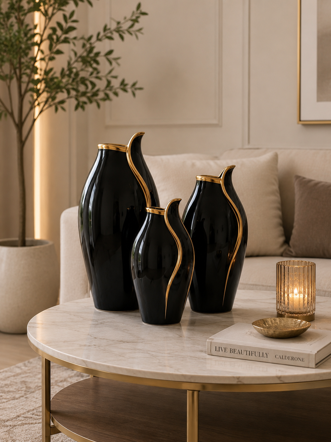Luxury Black Ceramic Vase Set of 3 | Modern Decorative Flower Vases with Gold Accent | Home Décor