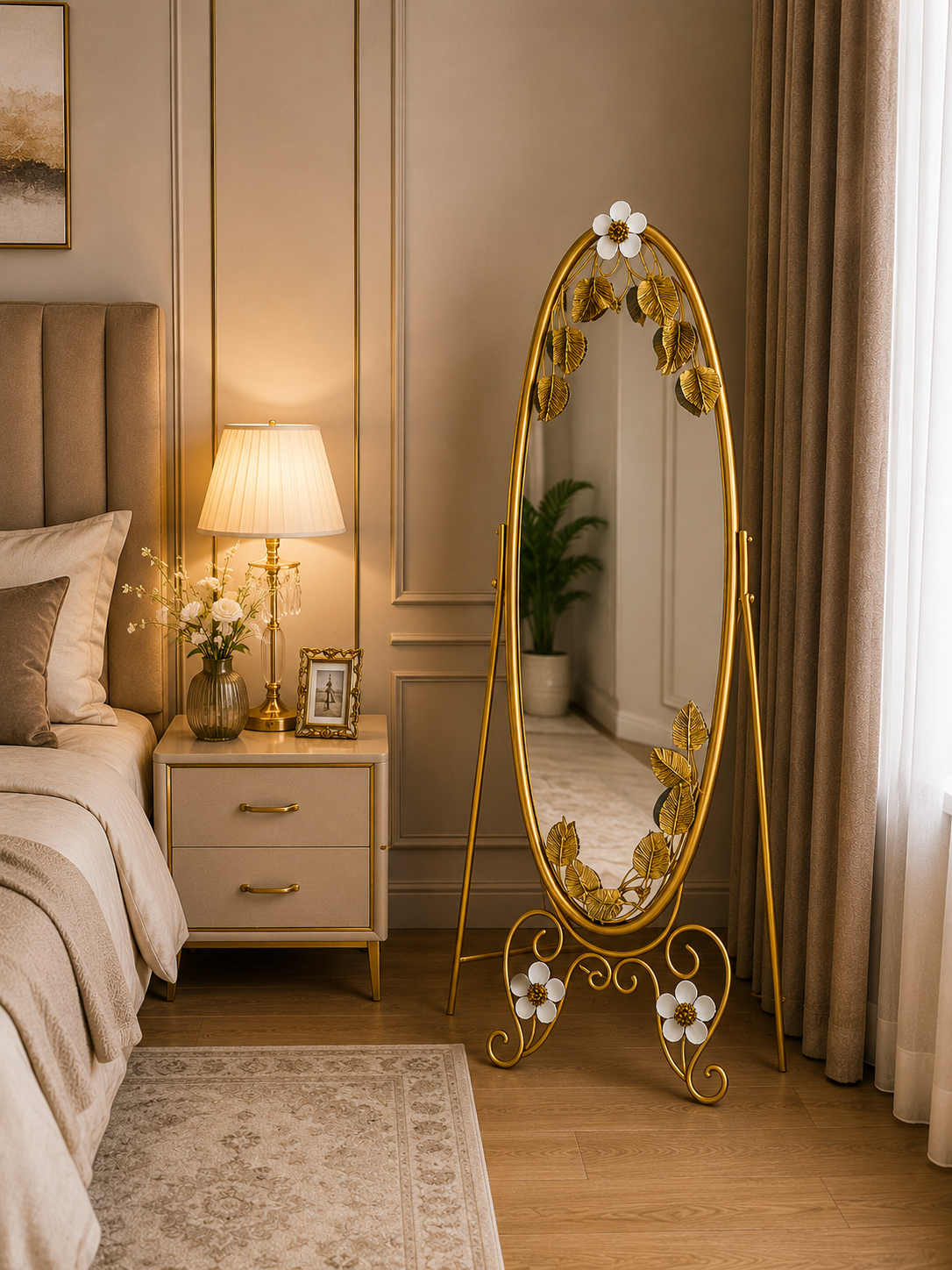 Luxury Gold Floral Standing Floor Mirror | Oval Full-Length Decorative Mirror