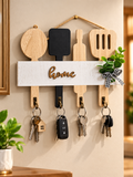 Home Wooden Key Holder Wall Decor – Rustic Kitchen Utensil Key Organizer with 4 Hooks