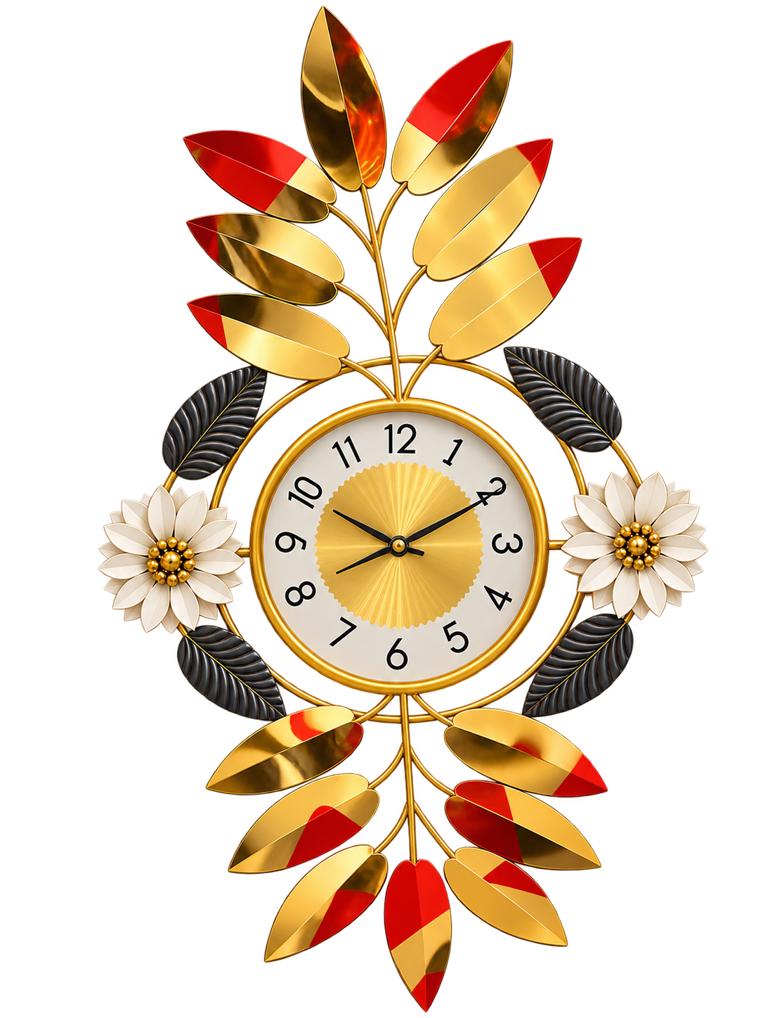 Luxury Gold & Red Leaf Wall Clock – Elegant Floral Decorative Metal Wall Art