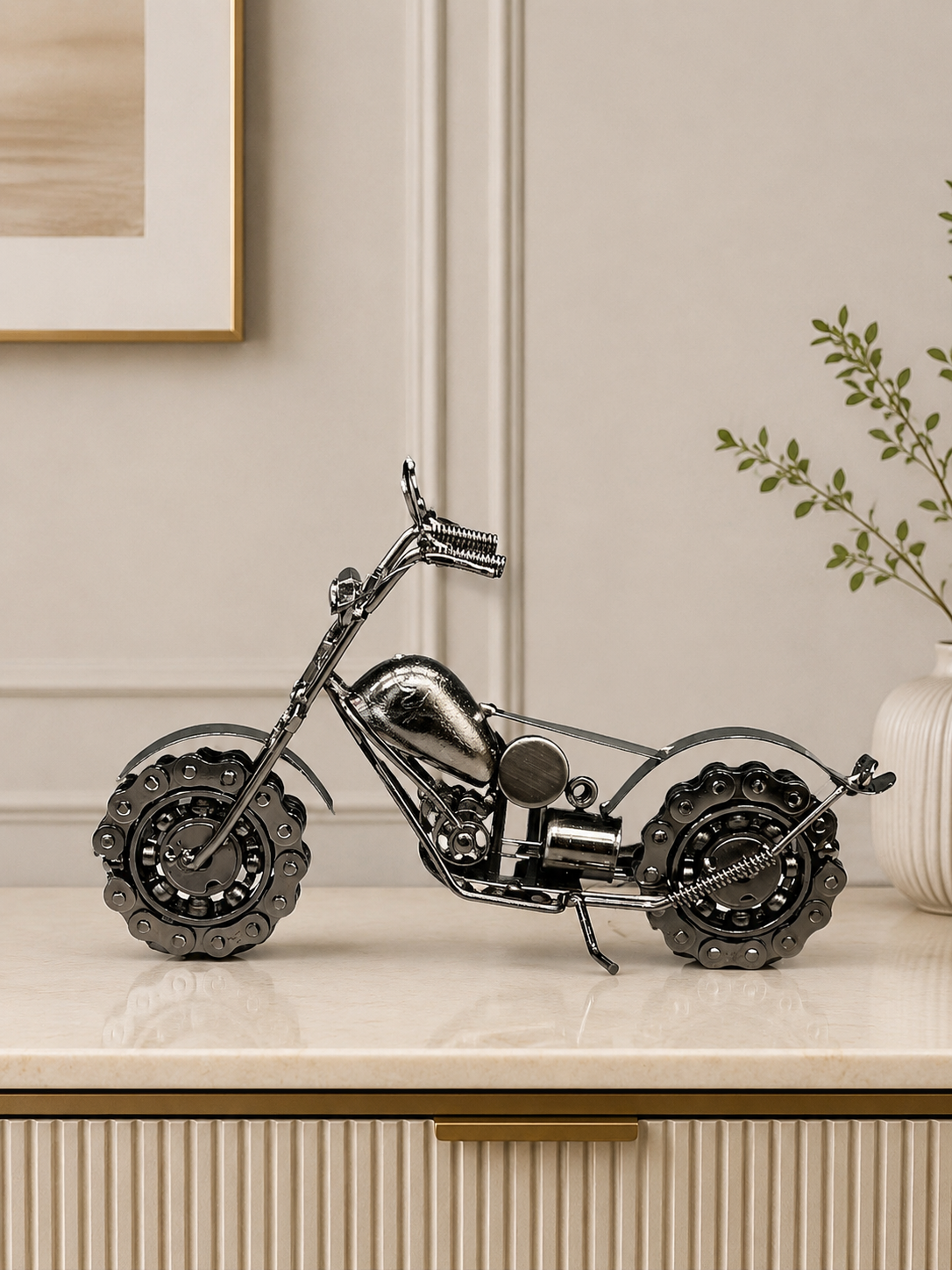 Vintage Metal Motorcycle Decorative Showpiece – Silver Finish