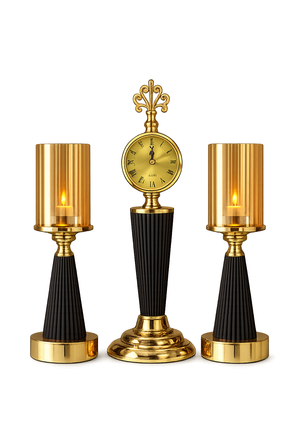 3-Piece Luxury Clock & Candle Holder Set | Modern Decorative Table Décor | Black & Gold