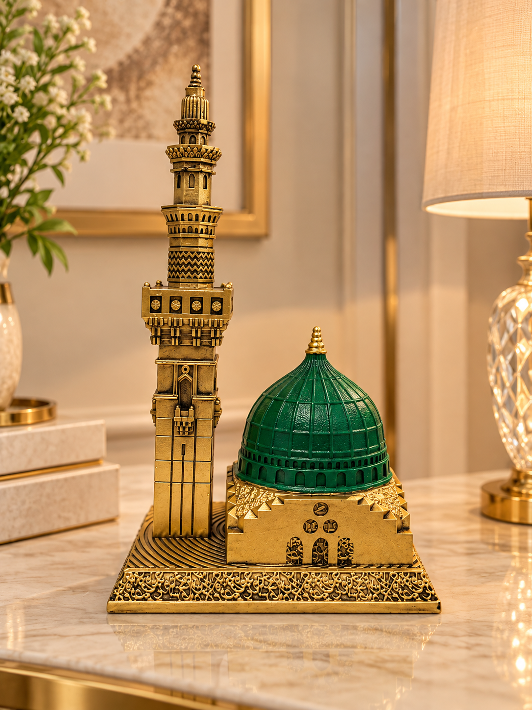 Luxury Madinah Green Dome & Minaret Islamic Decorative Showpiece – Gold Finish