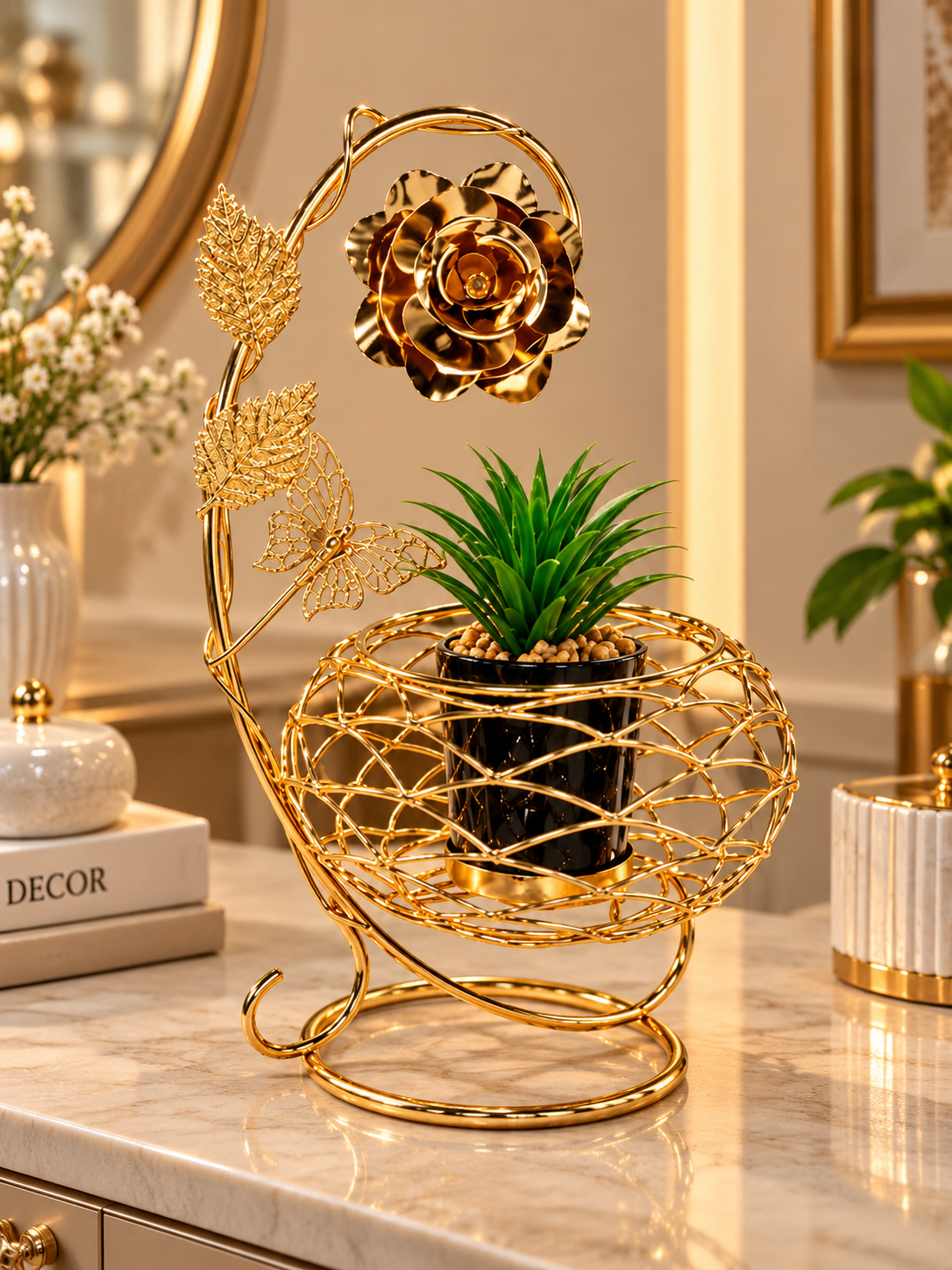 Golden Metal Floral Plant Stand with Butterfly Design – Elegant Home Décor