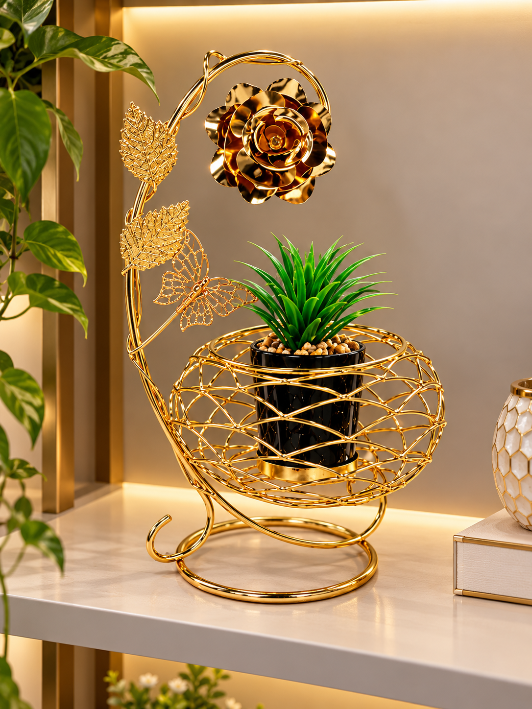 Golden Metal Floral Plant Stand with Butterfly Design – Elegant Home Décor