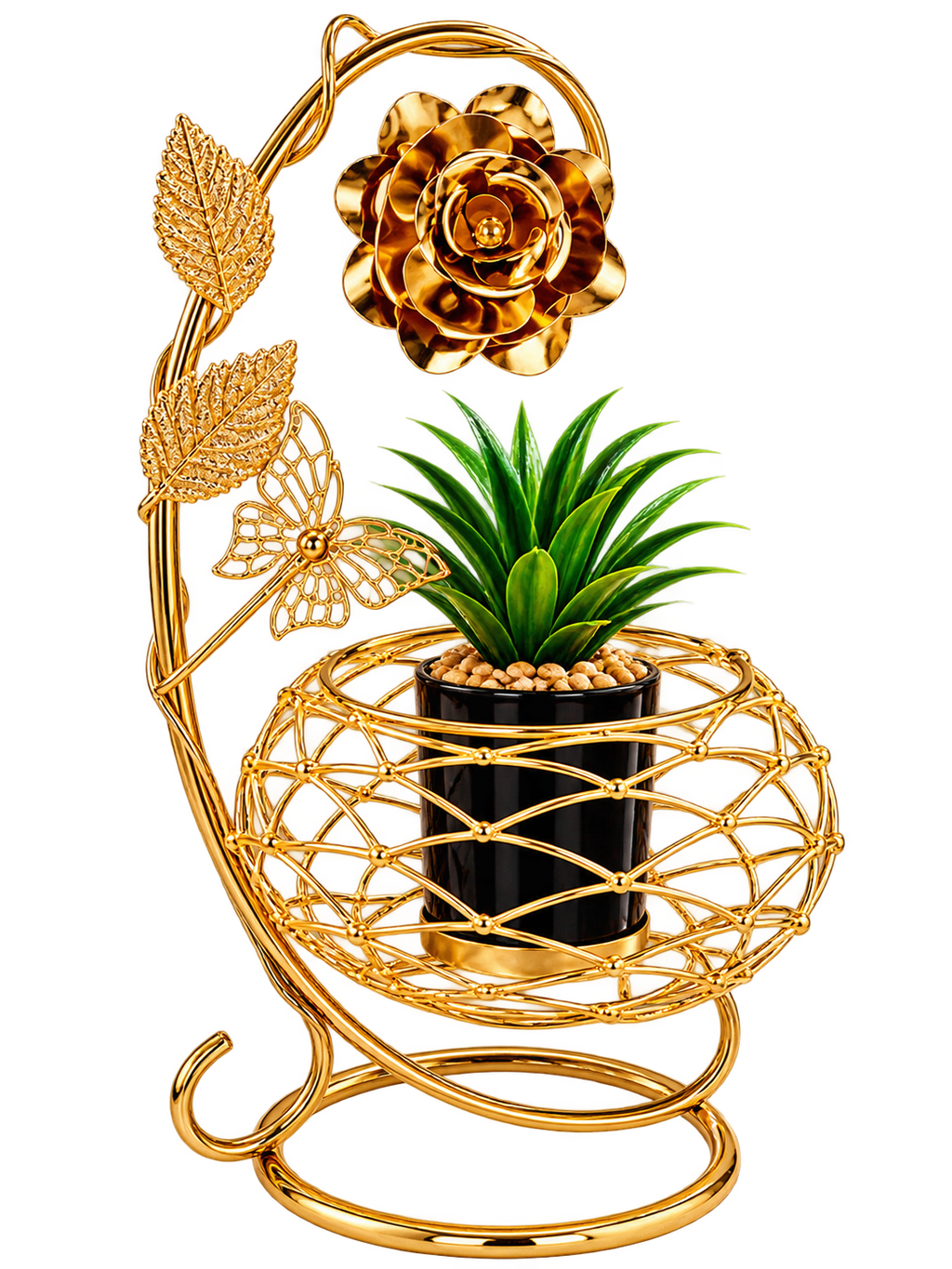 Golden Metal Floral Plant Stand with Butterfly Design – Elegant Home Décor