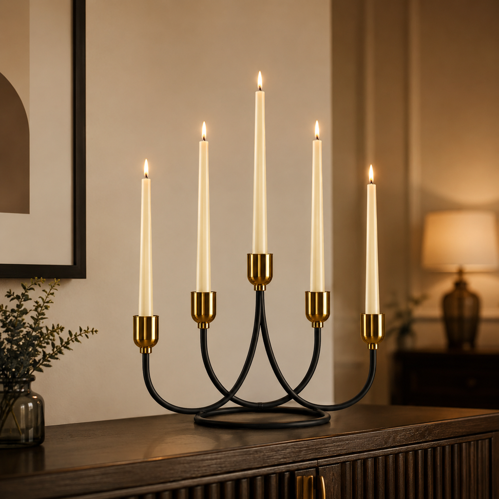 Luxury 5-Arm Metal Candle Stand – Modern Dining Table & Home Decor Centerpiece (Black & Gold)