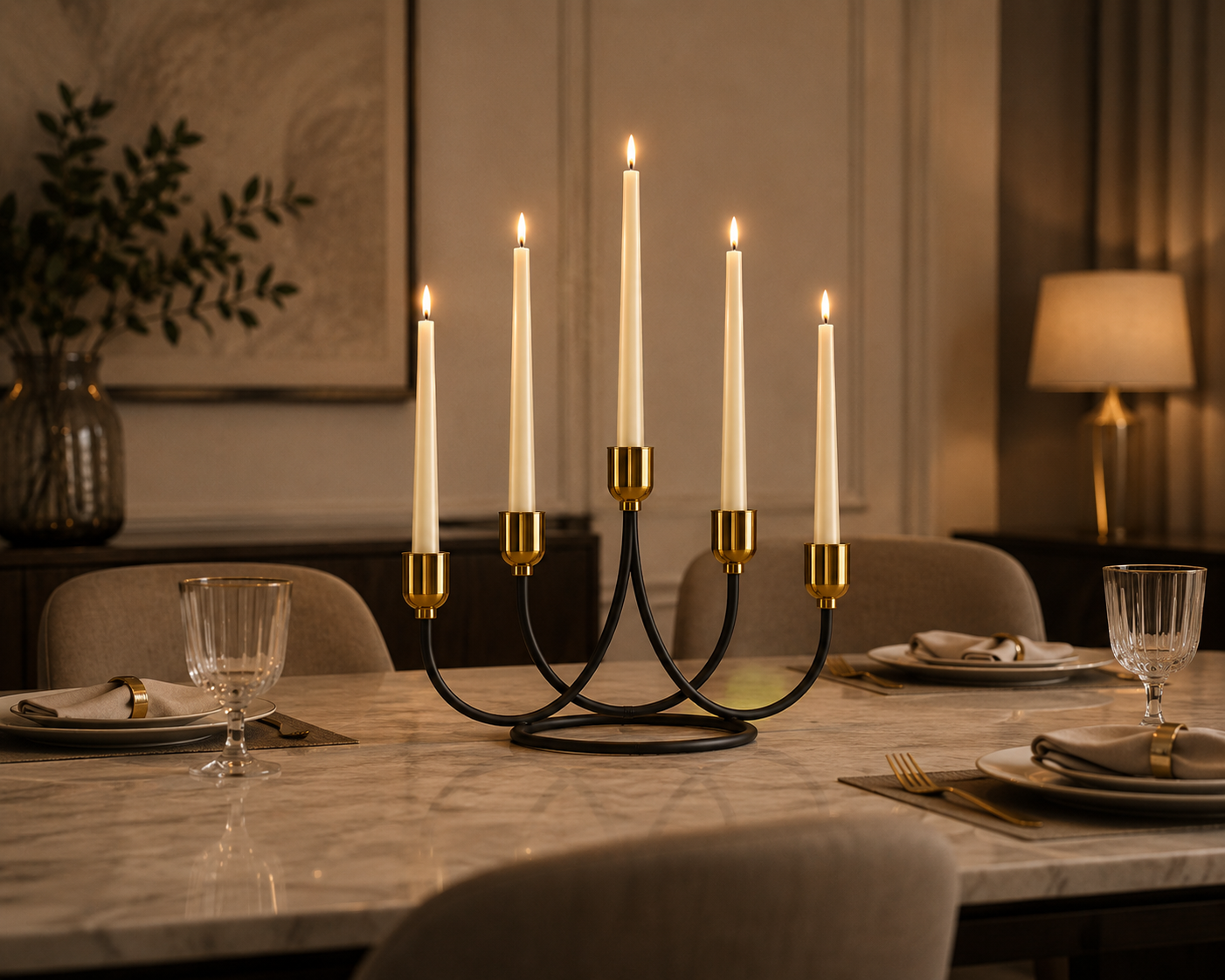 Luxury 5-Arm Metal Candle Stand – Modern Dining Table & Home Decor Centerpiece (Black & Gold)