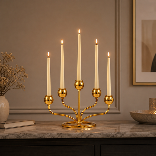Elegant Gold Candle Stand – 5 Arm Metal Candelabra Home Décor