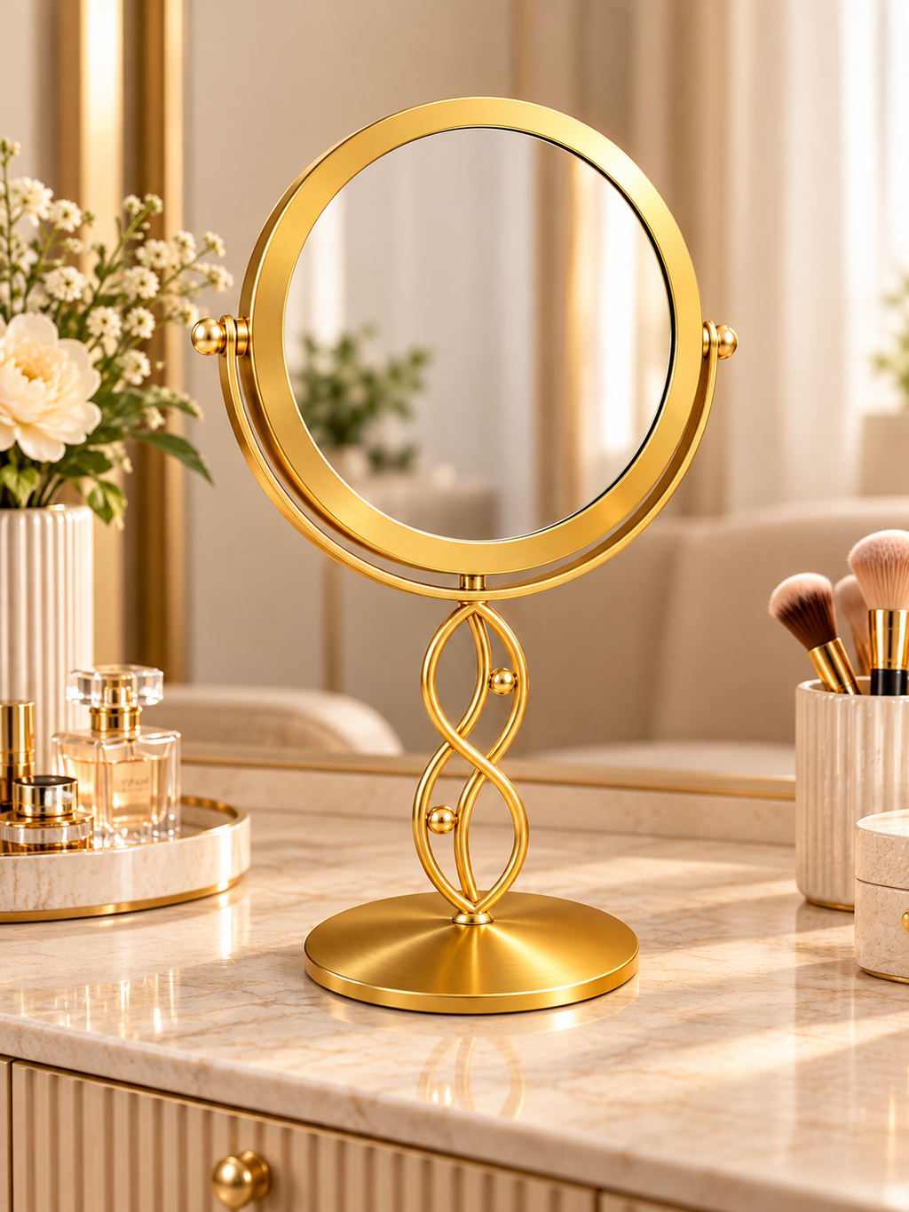 Luxury Gold Round Tabletop Vanity Mirror – Elegant Decorative Makeup Mirror