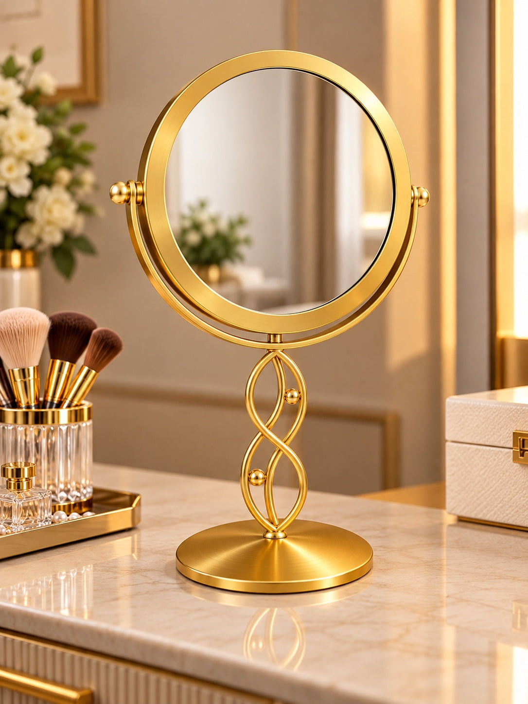 Luxury Gold Round Tabletop Vanity Mirror – Elegant Decorative Makeup Mirror