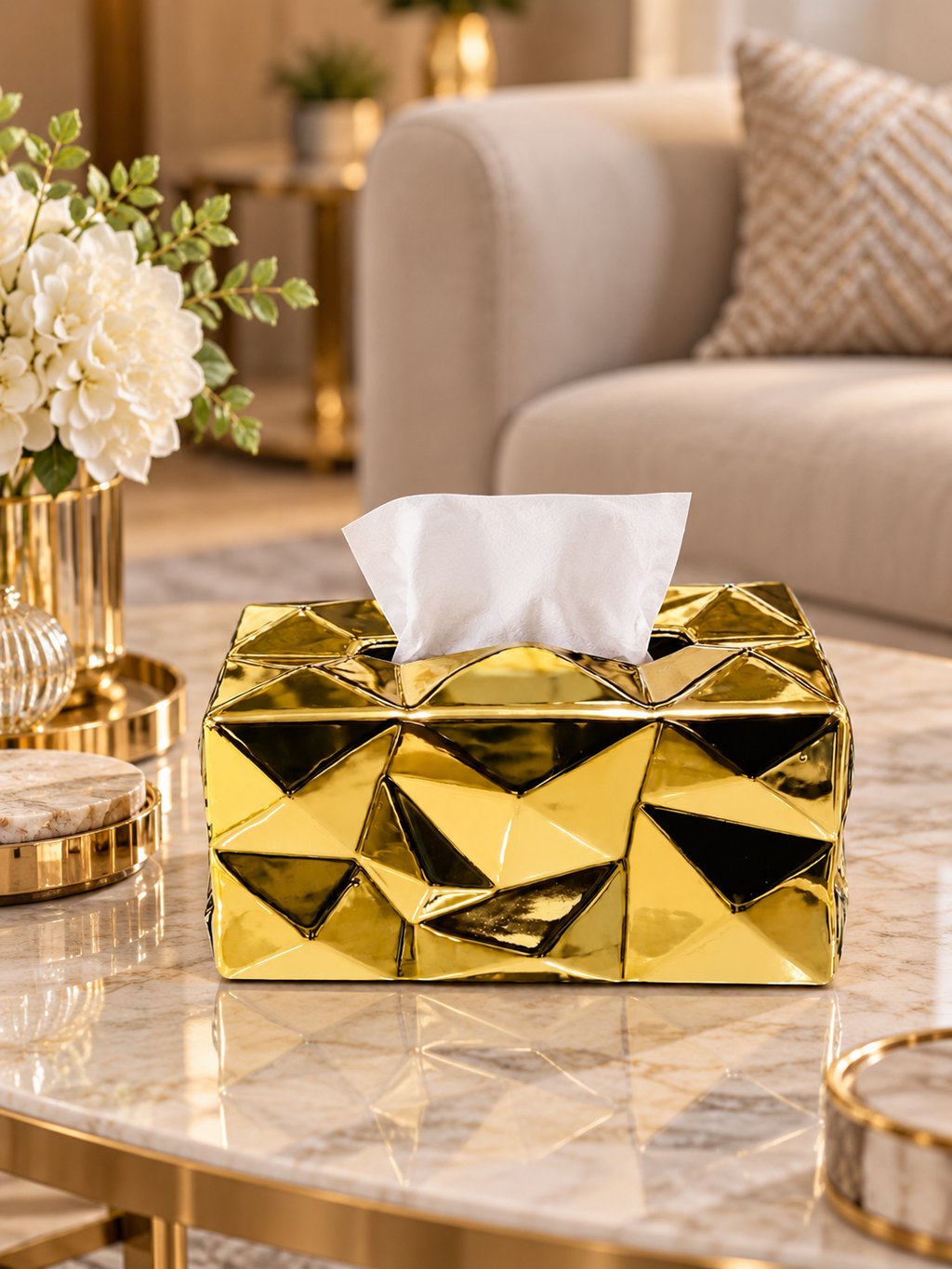Luxury Gold Geometric Ceramic Tissue Box Cover – Modern Decorative Tissue Holder
