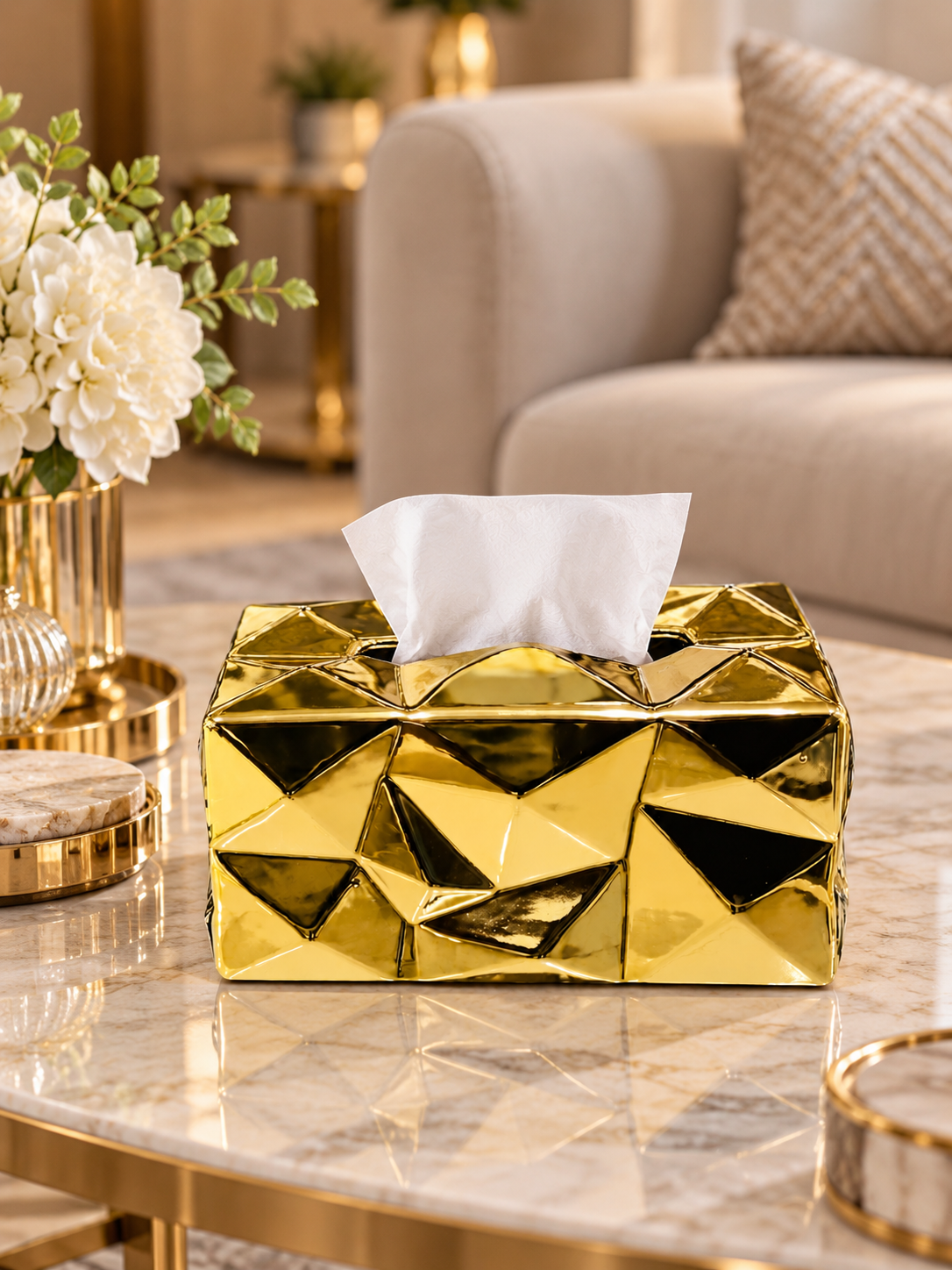 Luxury Gold Geometric Ceramic Tissue Box Cover – Modern Decorative Tissue Holder